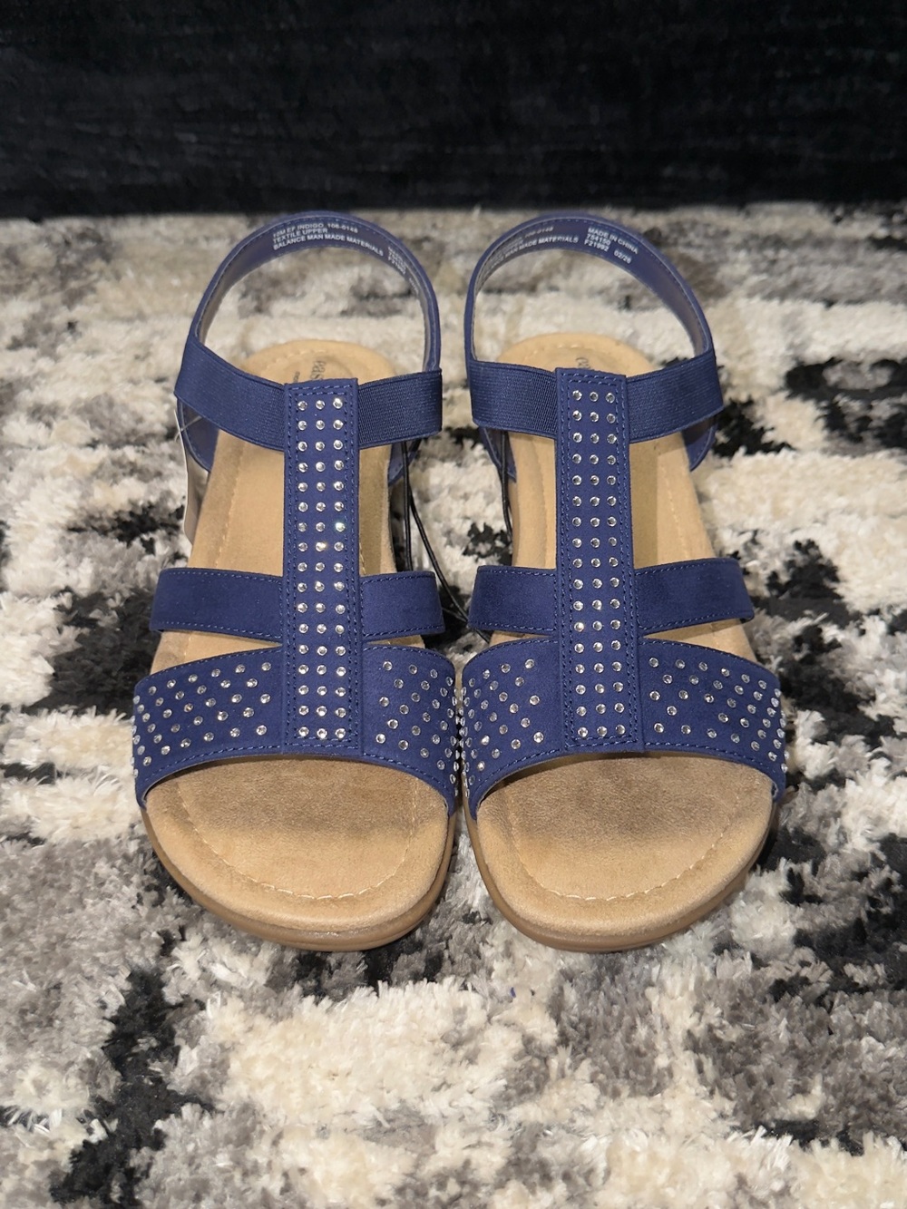Women's Navy Studded T-Strap Comfort Sandals